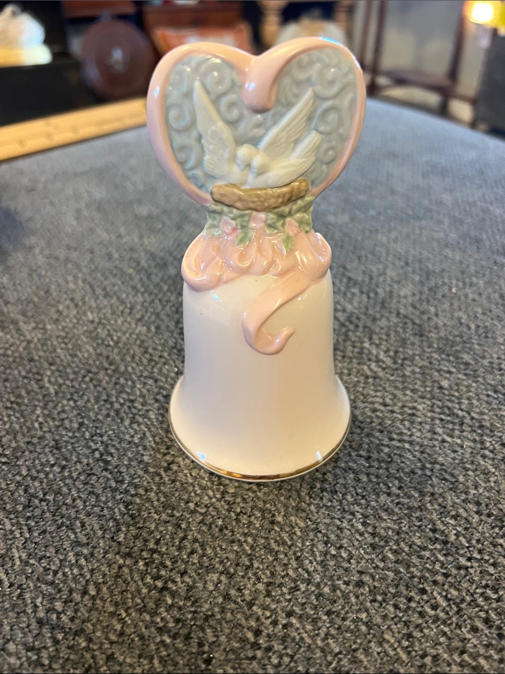 Avon Vintage 1995 Pink and Gold Porcelain Heart Bell with Love Birds